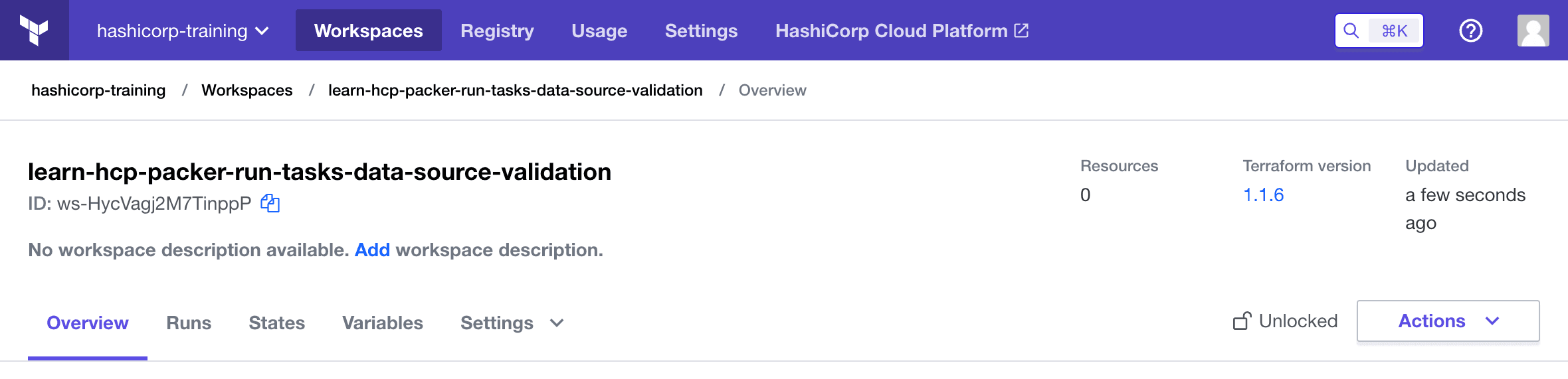 The `learn-hcp-packer-run-tasks-data-source-validation` workspace