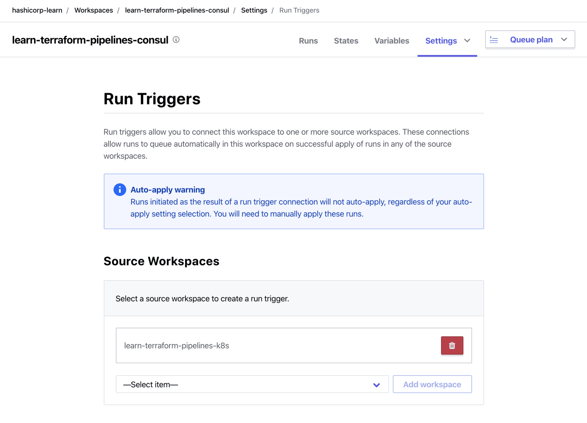 HCP Terraform Consul Workspace enable run trigger to point to Kubernetes Workspace